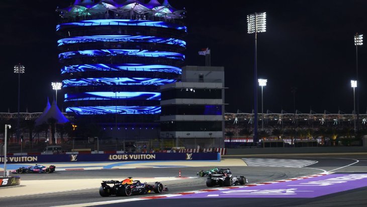 Formula One Race Cars around Bahrain Track 