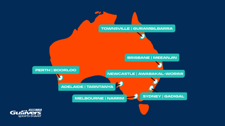 Map of Australia featuring all of the Men's Rugby World Cup Host Cities for 2027 