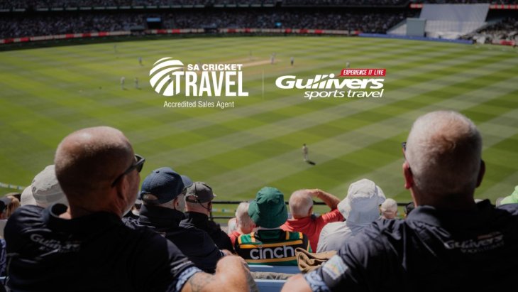 Two Gullivers Sports Travel tour members with a logo of South Africa Cricket official accredited travel agent. 