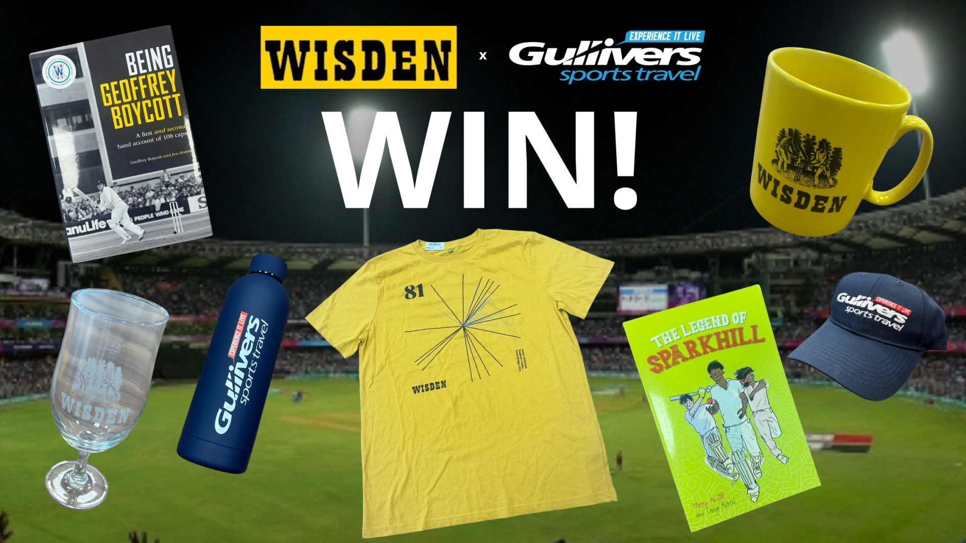 Wisden Cricket Competition Banner showing selection of prizes 